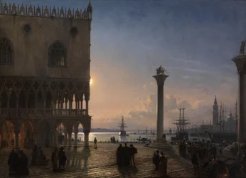 A Piazza San Marco holdfényes látképe San Giorgio Maggiore felé